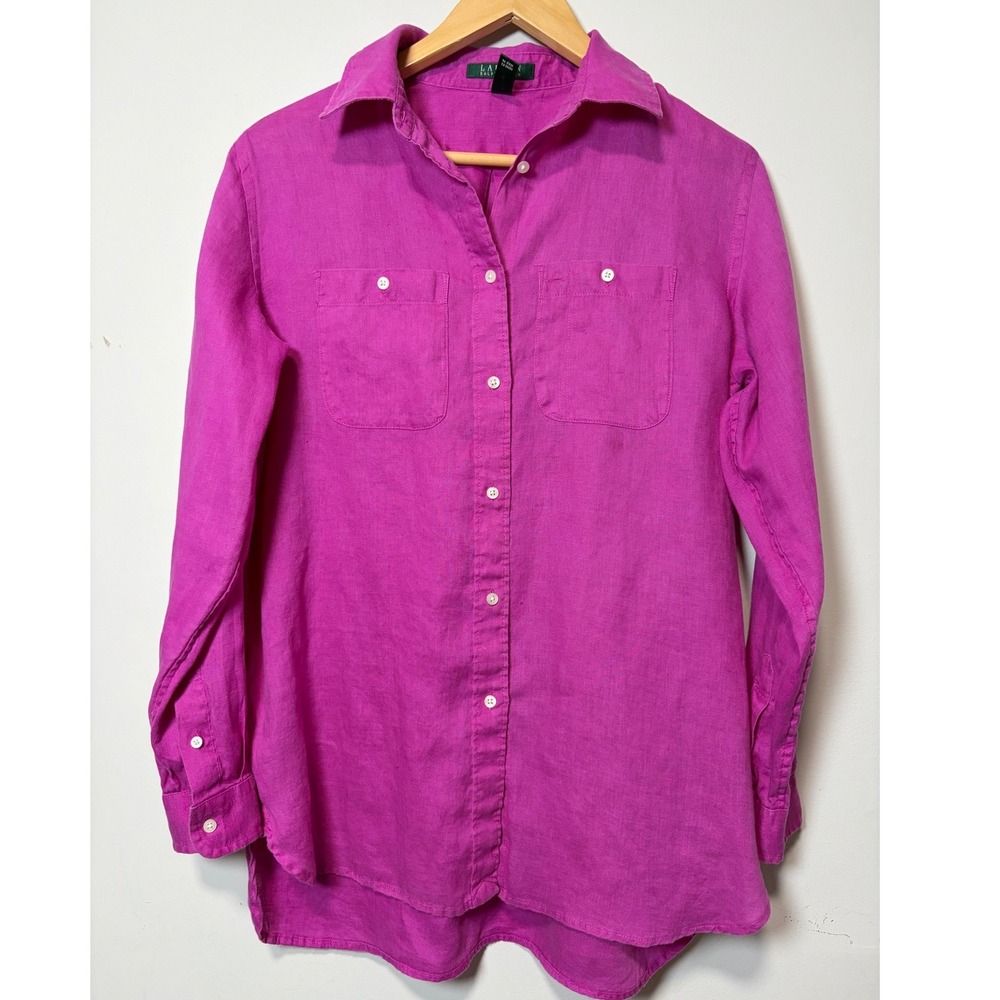 Lauren Ralph Lauren Magenta Pink 100% Linen Button Down Shirt Womens Medium